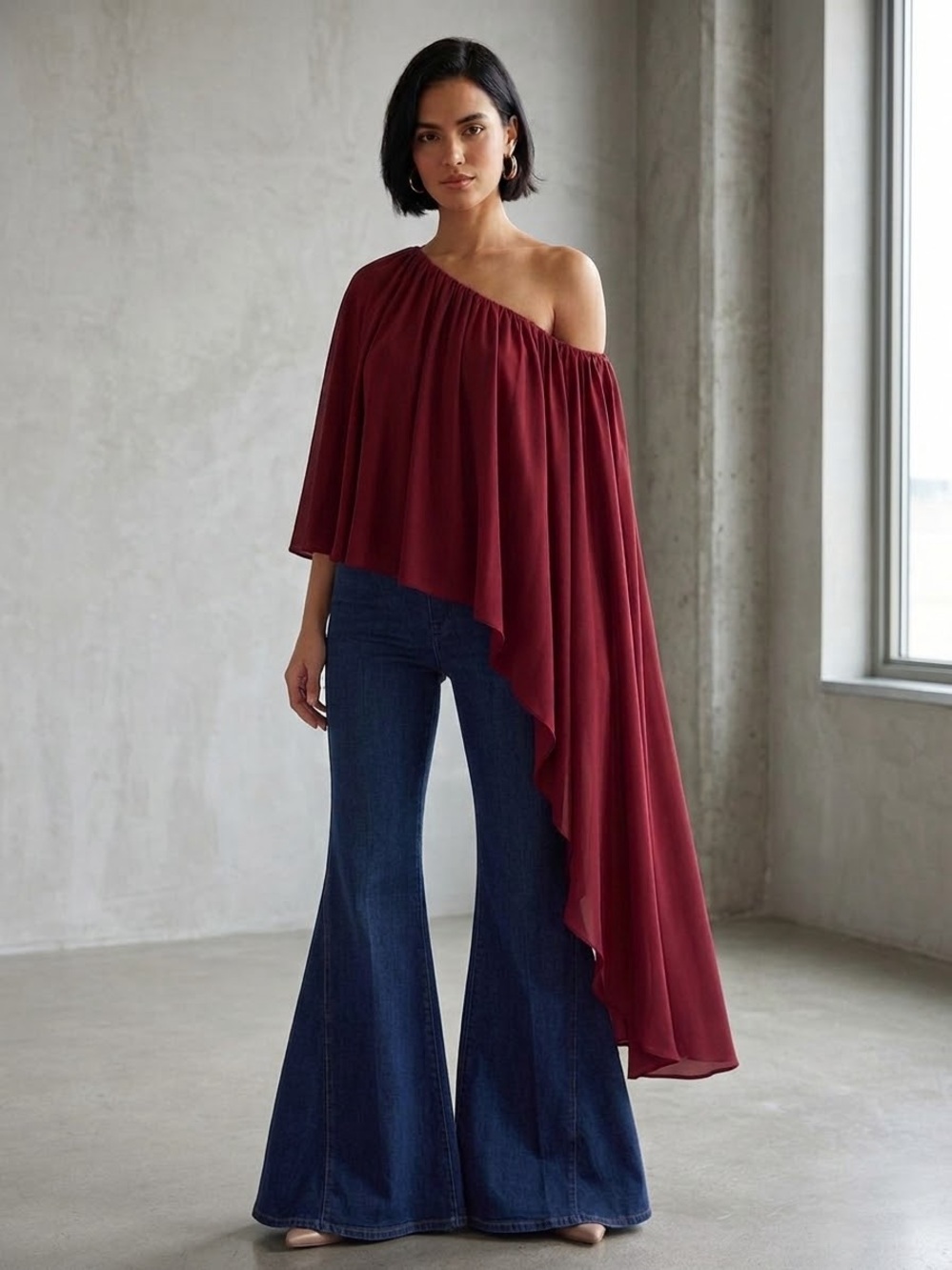 Express One-Shoulder Draped Top asymmetrical dramatic burgundy